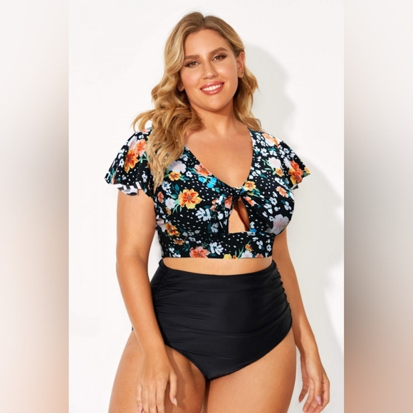 NEW NWT MeetCurve Plus Size Flowered Flutter Sleeve Bikini Top & Swim Brief - Picture 4 of 6